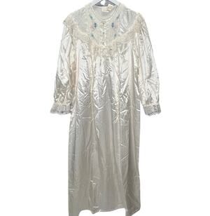 Vintage Intimate Moods Satin Fleece Lined Nightgown Size M Ivory White Long